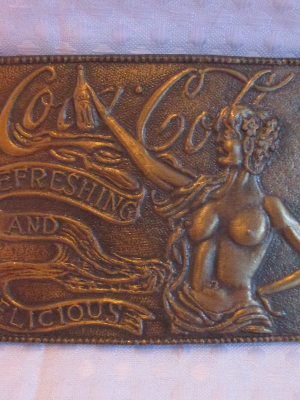 Vintage Brass Coca-Cola Refreshing and Delicious Belt Buckle with Topless Lady